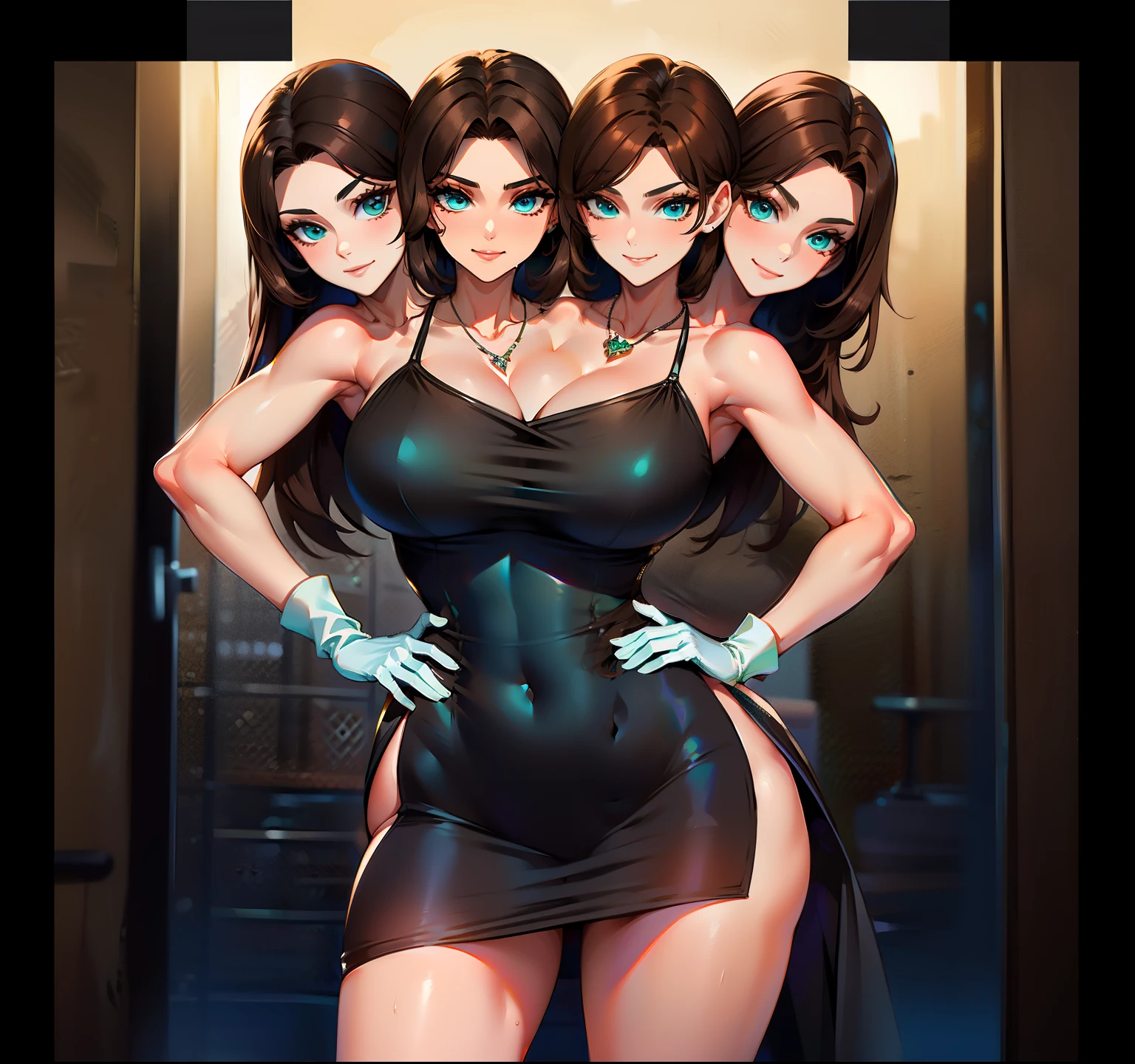 best quality, (masterpiece),(ultra-detailed), (high quality), (high resolution), ((2heads:1.5)), best quality:1.5, highres, UHD, 16K), two headed woman, smiling, highres, masterpiece, ((brown hair:1.5)), ((black dress:1.5)), lustrous and smooth skin, seductive silhouette, ((slim hips)), casual dress, sexy proportions, Beautiful girl with accentuated slender abs, seductive woman, background, necklace, body con dress, (bluegreen eyes), long hair, (white gloves)
