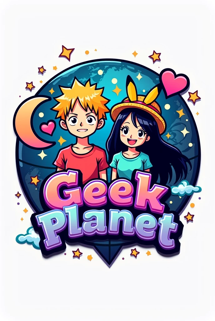 Un logo con un 🌎 en el fondo, with stars, heart and a crescent moon (pink and purple colors), In the front there are some anime figures of a boy with curly hair and a girl with long black hair wearing t-shirts and Pikachu ears or a straw hat. (Luffy de one piece), the name of Geek Planet in the middle of the logo (Vivid colors throughout the image) and the white background