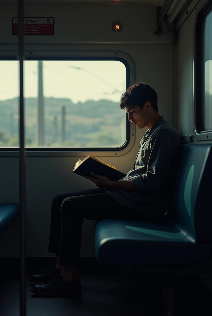 18 year old man with Colombian characteristics, who finds himself sitting alone on a train reading a book, where he and the destination indicator stand out, where the vanishing point is evident