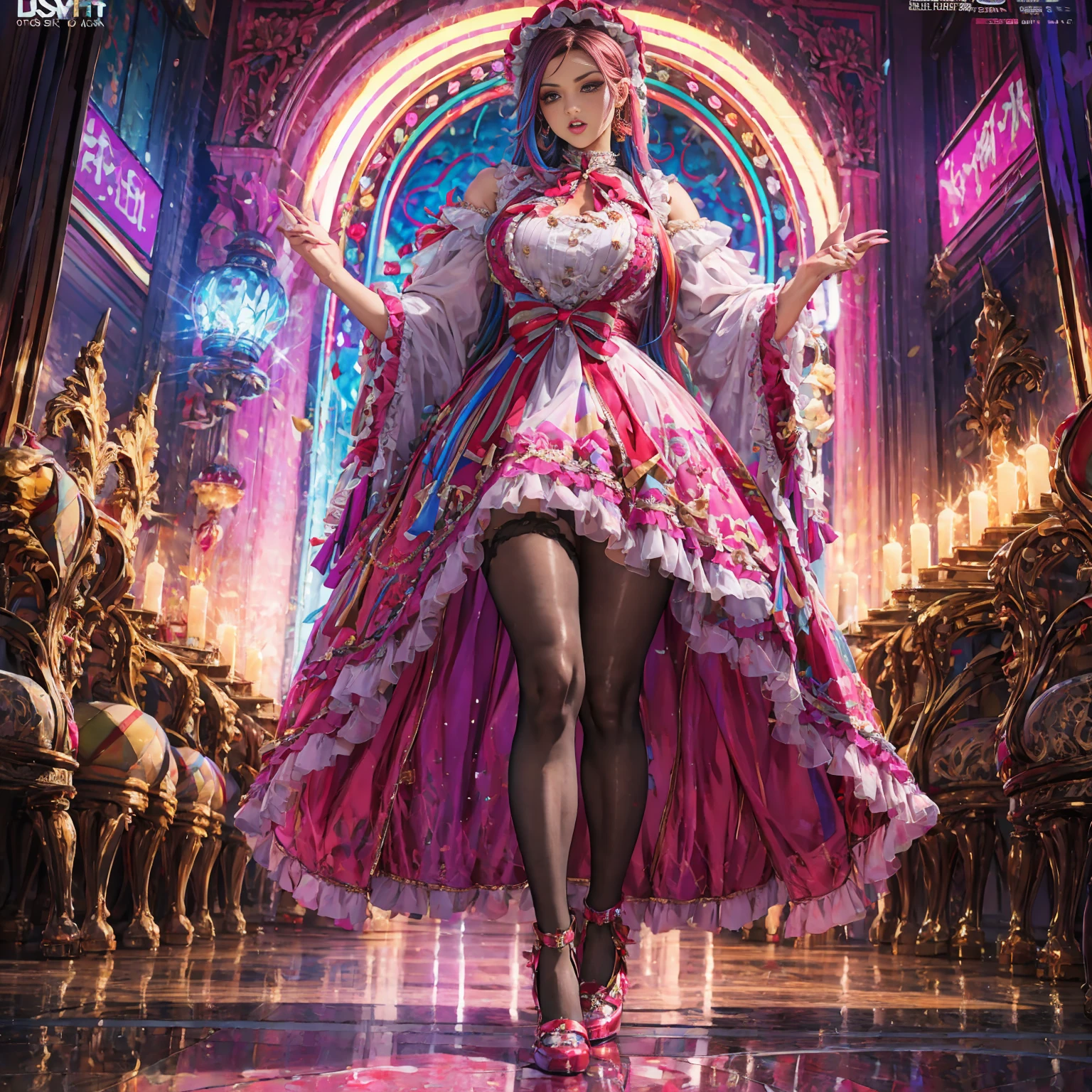 Movie poster composition, (on a snowy mountain), Miserable white skin, Ambilight, Nine-head body, Group photo, ((multicolored))，Three or more girls，Model figure, long-legged woman, A woman in a luxurious and elaborate lolita dress, wearing lolita mary jane shoes with ornate details, patterned tights, (Glossy Reflecting collection), (Glossy Reflecting collection), (Oily shiny)), (Metallic clothes), (Metallic dress), (Metallic tights):1.2)，, Postures vary, with reflective skin and reflective clothing, venusbody,Large movement amplitude, (full body shot), ray tracing, reflection light, chiaroscuro, UHD, masterpiece, anatomically correct, textured skin, super detail, high quality, 4K, highres