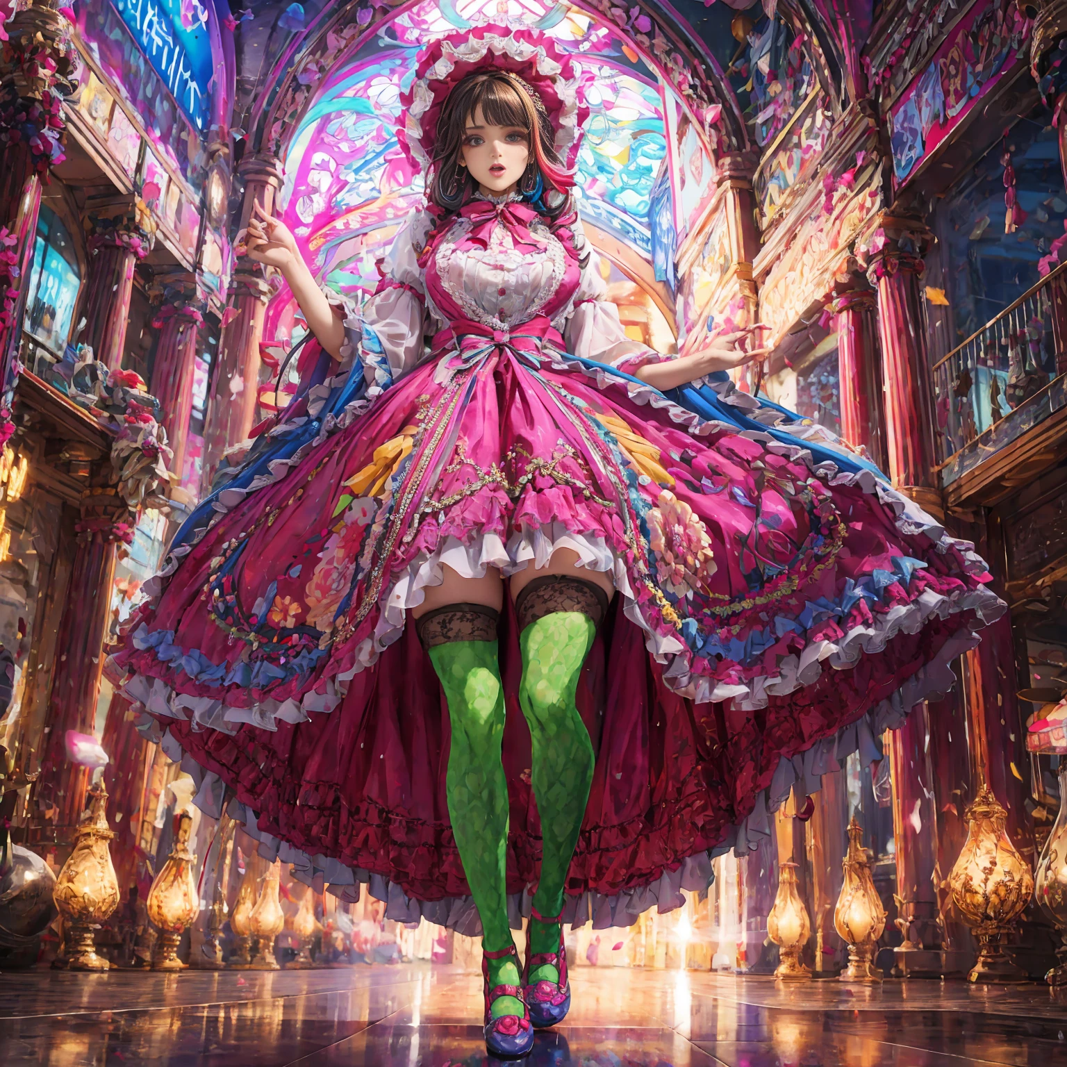 Movie poster composition, (on a snowy mountain), Miserable white skin, Ambilight, Nine-head body, Group photo, ((multicolored))，Three or more girls，Model figure, long-legged woman, A woman in a luxurious and elaborate lolita dress, wearing lolita mary jane shoes with ornate details, patterned tights, (Glossy Reflecting collection), (Glossy Reflecting collection), (Oily shiny)), (Metallic clothes), (Metallic dress), (Metallic tights):1.2)，, Postures vary, with reflective skin and reflective clothing, venusbody,Large movement amplitude, (full body shot), ray tracing, reflection light, chiaroscuro, UHD, masterpiece, anatomically correct, textured skin, super detail, high quality, 4K, highres