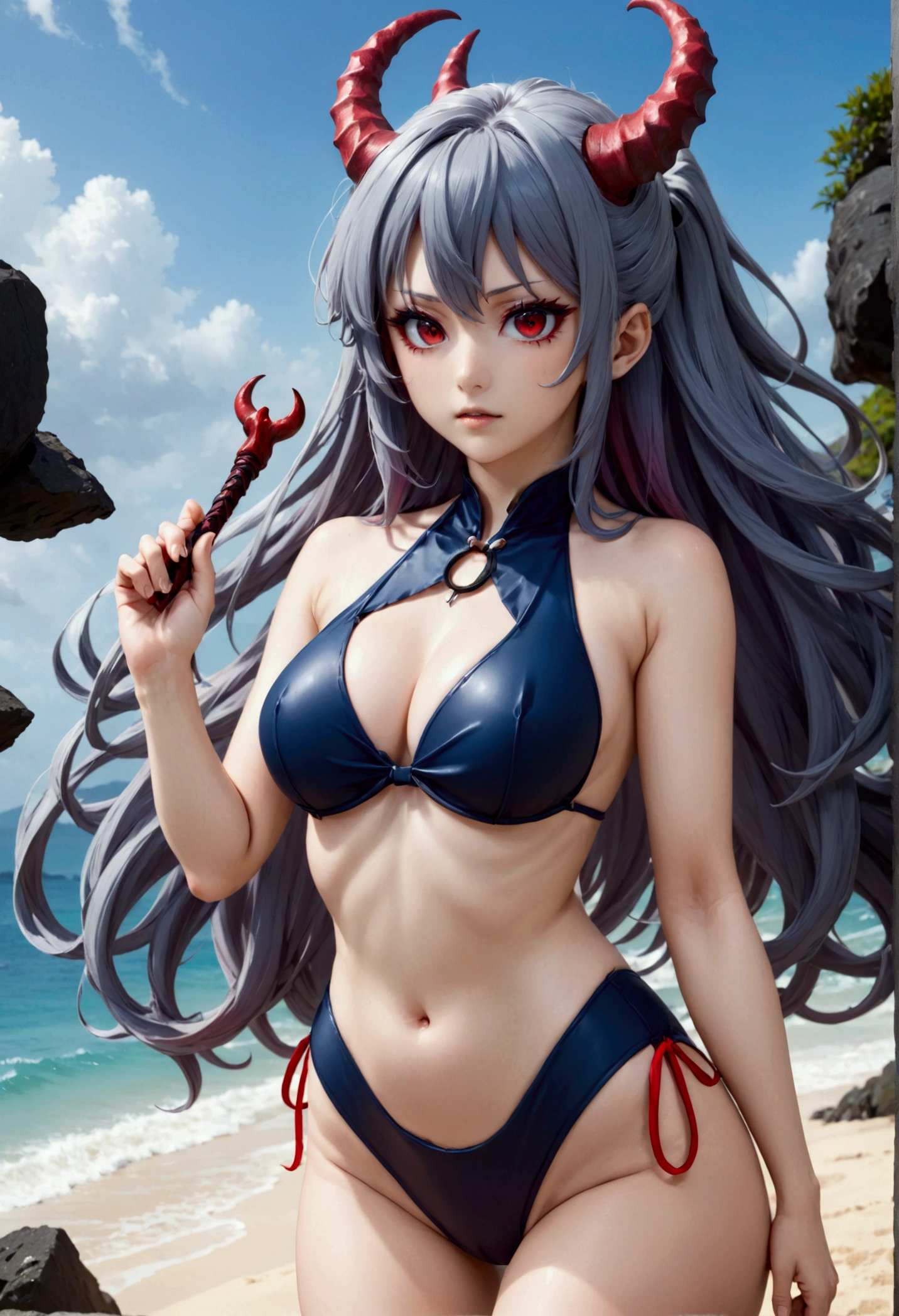 8k, Highest quality, Manga style, View your viewers, Intricate details,One person, Nakiri Ayame, ２Demon horns in the book, Multicolored Hair, Long Hair, Red eyes, Gray Hair, blue highleg swimsuit, 