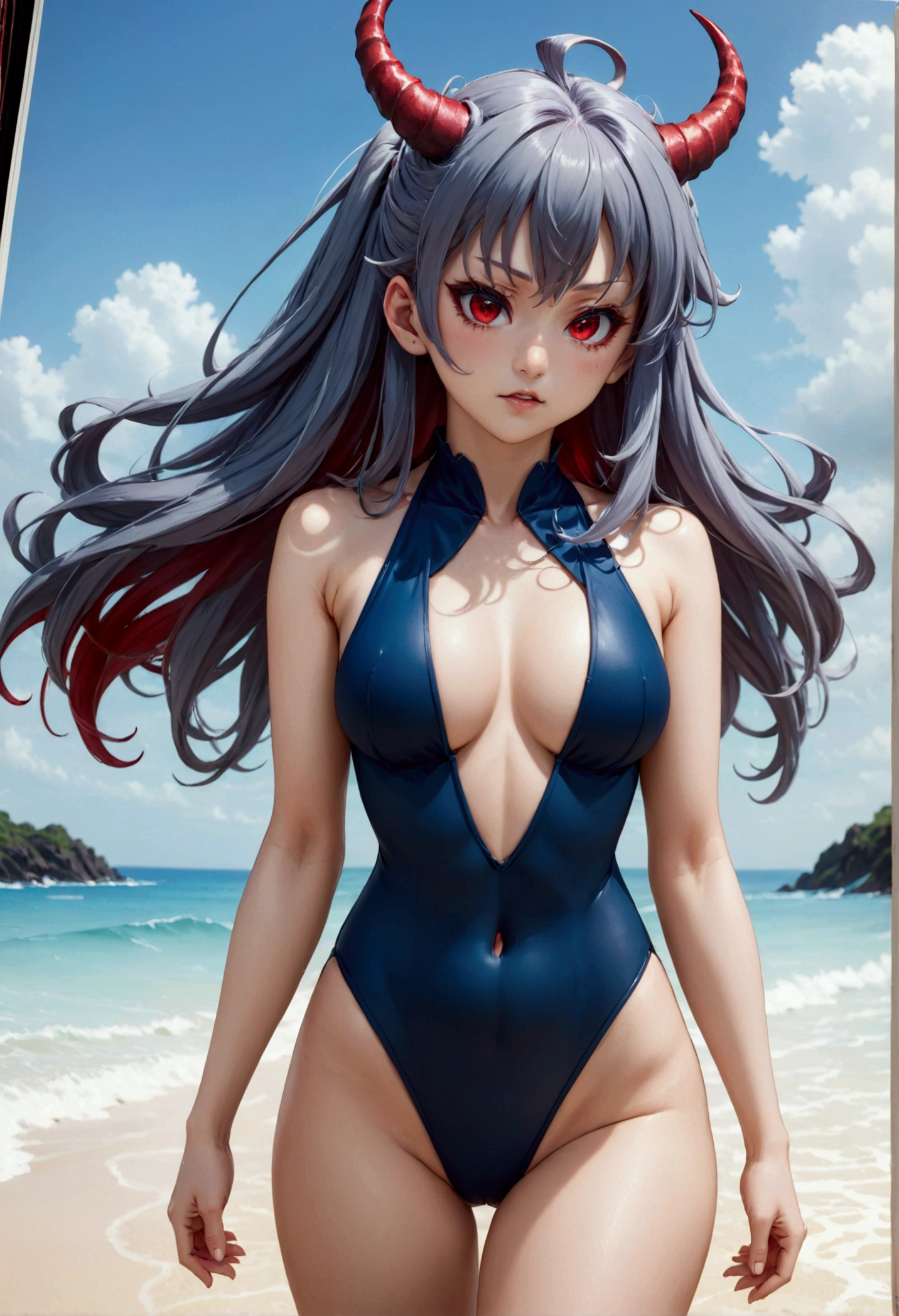 8k, Highest quality, Manga style, View your viewers, Intricate details,One person, Nakiri Ayame, 2Demon horns in the book, Multicolored Hair, Long Hair, Red eyes, Gray Hair, blue highleg swimsuit,
