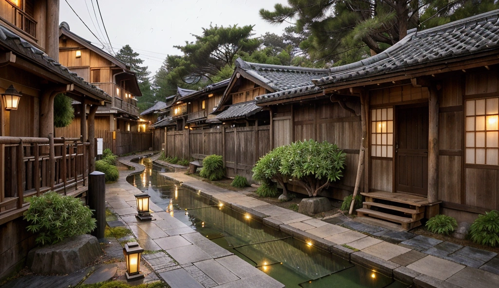 A quiet Japanese village at night under the gentle pouring rain. The narrow streets glisten with water as they reflect the soft glow of warm yellow lamps from the rustic wooden huts. The houses, adorned with dim bamboo roofs, create a cozy and inviting atmosphere. In the background, a beautiful village house. The rain gently wets the roofs and the ground, creating a calming atmosphere, while a few raindrops cling to the pine trees lining the street. The scene is peaceful, with only the sound of the quiet raindrops and the occasional rustle of leaves blown by the gentle breeze.