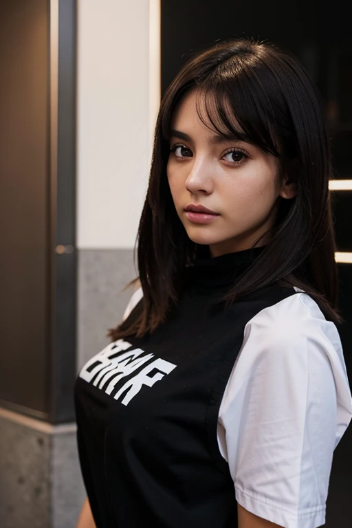 a white-skinned woman of 1,60 of height of black fur or short tinted, brown eyes with e-girl style