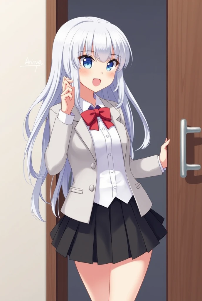 Ariya, 1 Girl, Solitary, Long hair, blue eyes, Ahog, bow, Looking at the audience, red bow, jacket, bowtie, Long sleeve, breast, shirt, open jacket, red bowtie, Door, Cowboy shooting, collared shirt, inDoors, Uniforms, White hair, permanent, Open clothes, skirt, Bangs, skirt, grey jacket, black skirt, blush, pleated skirt, Open your mouth, medium breast, pleated skirt, white shirt, Hair between the eyes, white jacket, hands up, Casual suits, black skirt, thigh, open Door, Door厅