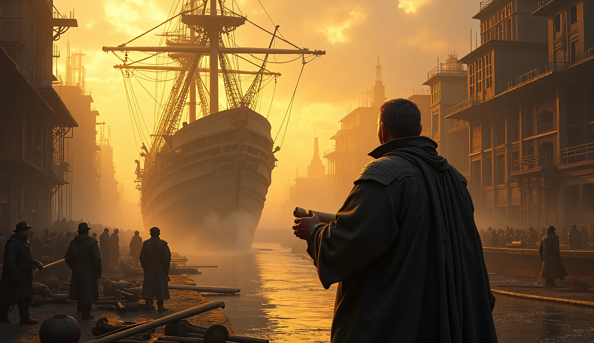 Create a hyper-realistic and mysterious image of a ship being built in a shipyard, with workers busy hammering and assembling the ship's frame. Solomon is at the pier, with arms crossed, observing the progress with an expression of satisfaction, holding a rolled up parchment containing the detailed plans of the ship. The scene should capture the frenetic and organized activity of the shipyard, illuminated by a golden sunset light, symbolizing the planning required for large-scale undertakings and the prosperity that comes from meticulous execution of plans.
