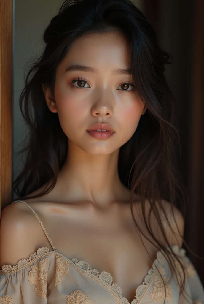 best quality, face focus, soft light, ultra high res, (photorealistic:1.4), RAW photo,
Indonesian girl, solo, cute, (pupil, lights in the eyes), detailed beautiful face, (small chest),(high resolution detail of human skin texture),
(long hair),
indoor,
Damask Shirt Dress,
(portrait)