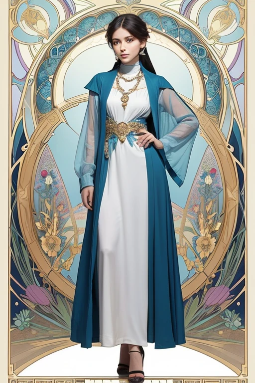 "Please create an illustration in the style of an Alphonse Mucha poster, with a layout reminiscent of a tarot card. Use subdued and mystical colors. Incorporate elements like the snowdrop flower, the gemstone garnet, and the colors light blue and electric blue.
The illustration should depict a stylish and modern woman standing confidently. She has a strong sense of independence and innovation. Her face is sharp and intelligent, with almond-shaped eyes and well-defined eyebrows. She is dressed in a contemporary outfit that blends casual and elegant styles, reflecting her keen fashion sense. Her body is slim and toned, indicating a healthy lifestyle. She carries herself with poise, radiating confidence. The background should be subtle and modern, with hints of light blue to emphasize her intellect and free-spirited nature."