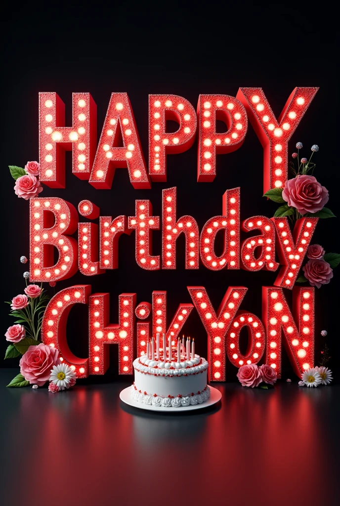 A stunning 3D illustration of the name “HAPPY BIRTHDAY CHIKYON" correctly spelled in vibrant, red letters, each adorned with a sparkling gemstone. The name is set on a black backdrop a sense of elegance and opulence. Hovering in front of the name is a birthday cake with a bouquet of flowers captures the essence of vibrant typography and graffiti art, typography, vibrant, 3d render, illustration, graffiti