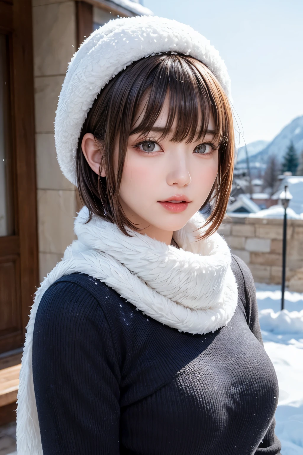 (masterpiece, Highest quality),One Girl, solo, Black-haired, scarf, hat, Realistic, Realistic, Looking at the audience, Light-coloured black eyes, Short brunette bob hair, Brown coat, Winter clothes, White headscarf, Lips, Bans, Plein Air, Mouth closed, Upper body、Big eyes、Eyelashes、((Beautiful landscape with sparkling snow))、(((Short bob hair with bangs、Shiny Hair、Big eyes、large full chest、Intensely accentuates the eyes、Staring at the audience、Beautiful beauty、Listen carefully、Long neck、Smile a little、Please close your mouth and laugh、Ideal body proportions)))、{huge|big|hugeな|Mega} chest:2, chestの谷間:2