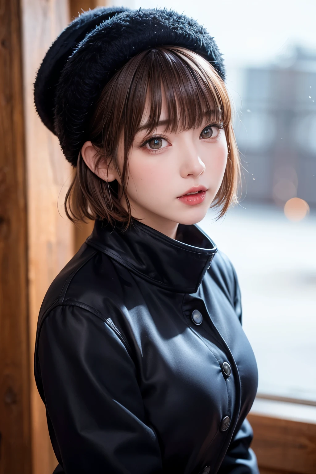 (masterpiece, Highest quality),One Girl, solo, Black-haired, scarf, hat, Realistic, Realistic, Looking at the audience, Light-coloured black eyes, Short brunette bob hair, Brown coat, Winter clothes, White headscarf, Lips, Bans, Plein Air, Mouth closed, Upper body、Big eyes、Eyelashes、((Beautiful landscape with sparkling snow))、(((Short bob hair with bangs、Shiny Hair、Big eyes、large full chest、Intensely accentuates the eyes、Staring at the audience、Beautiful beauty、Listen carefully、Long neck、Smile a little、Please close your mouth and laugh、Ideal body proportions)))、{huge|big|hugeな|Mega} chest:2, chestの谷間:2