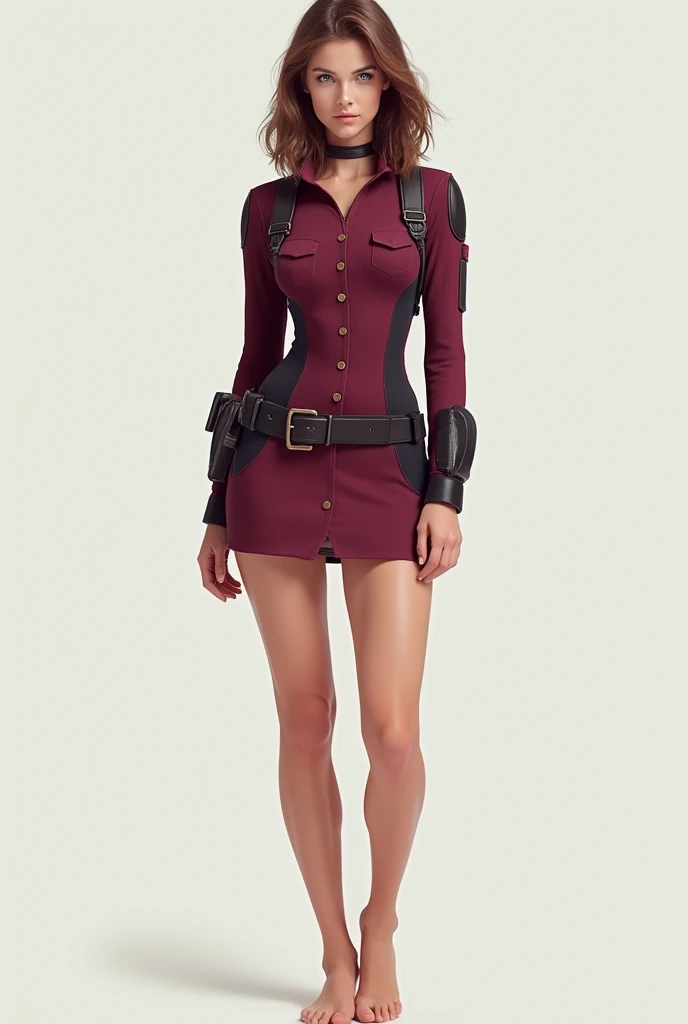 The woman with the delicate and feminine face, with light blue eyes, straight and thin nose, and a small, oval mouth, He dresses in a simple and functional looking Deadpool suit. The suit is a deep purple red in color and has a minimalist design., with buttons and belt on the torso. The skirt is short and loose., with a small buckle on the front.

Your skin is soft and clear, with a slight tan complexion on the legs and arms. Her breasts are small and natural, without exaggerating in the lack of fashion. Her waist is slim and defined, and her legs are long and slender, with powerful thighs and delicate ankles. Her feet are bare and perfectly shaped.

Her face is natural and youthful, with a serene and rested expression. Her hair is light brown and soft, collected in a casual style. The suit has no touches of glamour or fantasy., It is an action and adventure suit, perfect for a heroine like her.
