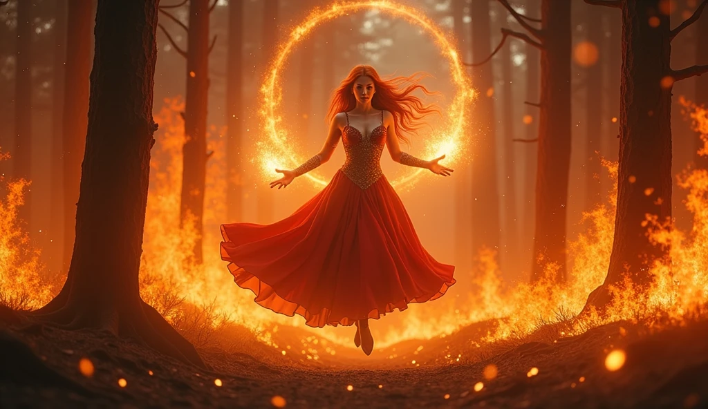 Dota2, lina inverse, floating, fire in his hands, burning forest in the background. photorealistic, 4k