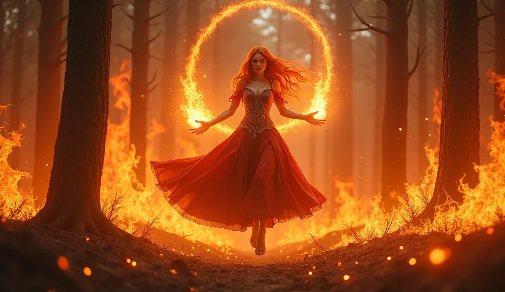 Dota2, lina inverse, floating, fire in his hands, burning forest in the background. photorealistic, 4k