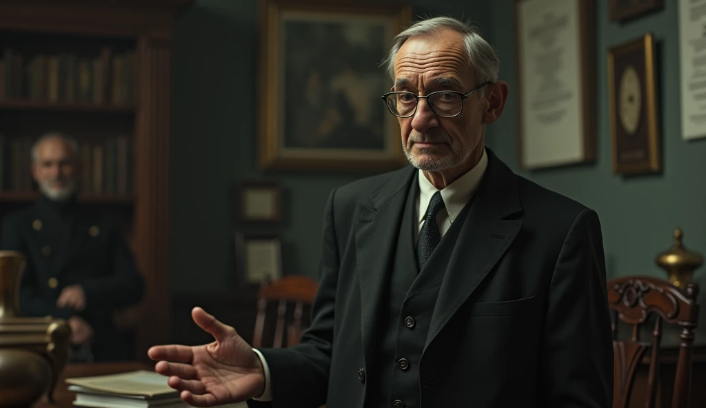 An elderly man with a thin, serene and contemplative expression. He has short, dark hair, slightly balding in the front, slightly graying, no beard, and wears a classic 1930s suit, with small, square, prescription glasses and a discreet tie. Cayce is standing next to a vintage-looking chair in an environment reminiscent of an old-fashioned office, with books and papers in the background. The soft, diffuse lighting highlights his face, conveying an aura of wisdom and introspection. In one hand, he holds an object of prophecy, symbolizing his knowledge and psychic abilities. The scene has a nostalgic and mysterious tone, reflecting the enigmatic nature of his predictions and readings. talking to 1 person near him, in addition to having a clock in the classic part
