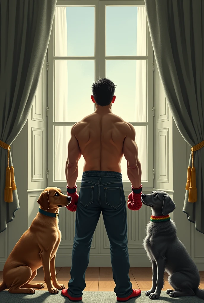 The cover of a book called Las Divinas de Asunción and on the cover there is a boxer looking out the window at 2 homosexual dogs, one will be a Labrador and the other a poodle