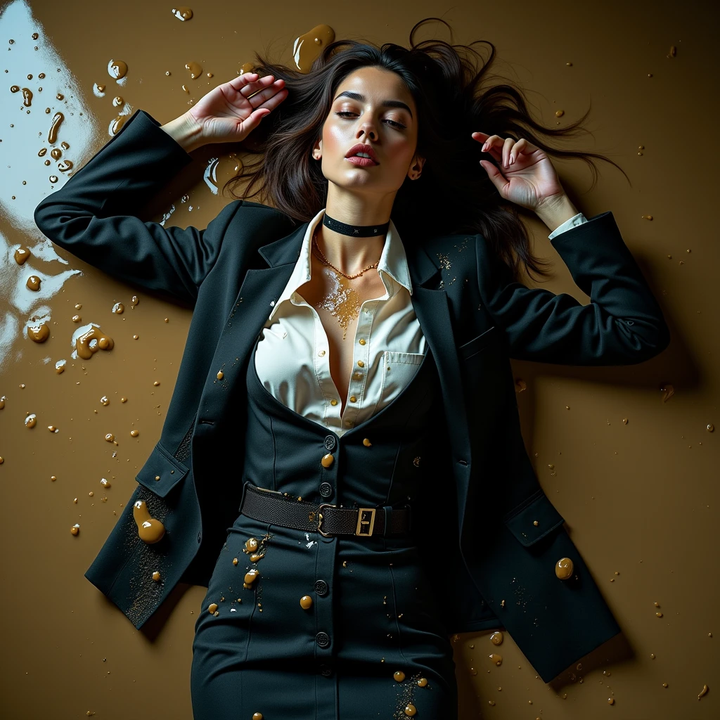 A realistic photo of one slender business goth lady, model-like appearance with long hair. She is dressed in long black business pencil skirt made from cotton fabric, black business jacket made from cotton and wool fabric. black business vest, white muddy shirt, stockings, black choker on the neck. She located in very muddy and very flooded office. She lie on backs leaning on her elbows deep in dirty water and liquid mud, she smears a lot of liquid mud on her black business pencil skirt, jacket, vest, shirt, stockings, face, hair from head to toe. Her skirt and jacket extremely stained and covered with liquid mud, dirt and streaks from it, which has flows down from her jacket, shirt to her skirt, creating a messy and sloppy appearance. The light brilliantly illuminates all her clothes in details, casting small shadows and emphasizing the texture of the liquid mud on her clothes. View angle of the camera from top and rotated in different angle from the business lady.