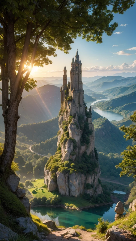 fairytale view with ornamented fantasy fairy garden in a wide steep valley with huge dramatic mountains in the distance,springtime,large ornamental lawns, very deep clear water natural pond, rocks plants flowers shrubs trees moss lawns grass animals,sunrise and strong sunbeams,very hazy,extreme details,photorealistic,4k,HD,beautiful,nature, dreamy, low shot,ground level photo