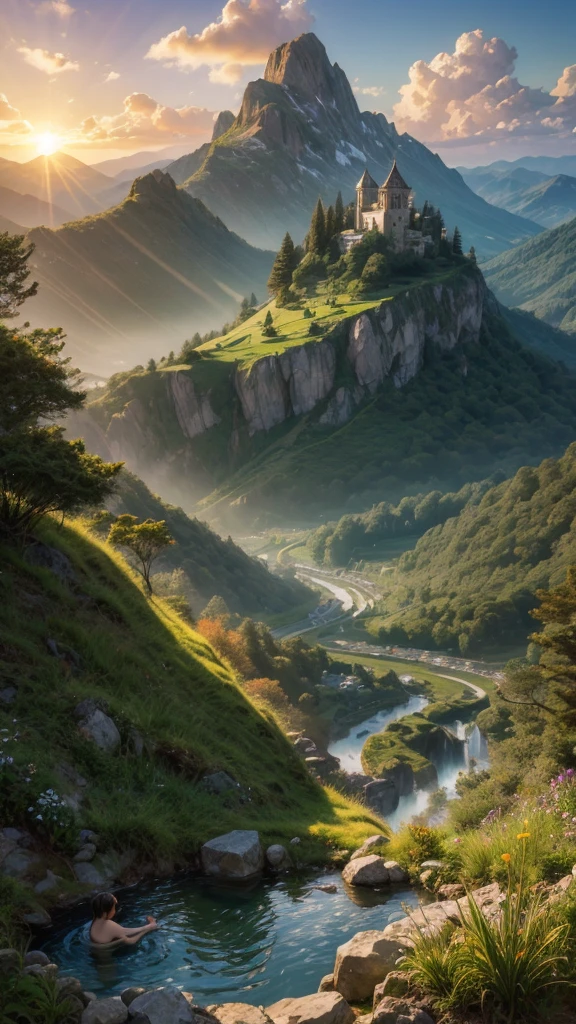 fairytale view with ornamented fantasy fairy garden in a wide steep valley with huge dramatic mountains in the distance,springtime,large ornamental lawns, very deep clear water natural pond, rocks plants flowers shrubs trees moss lawns grass animals,sunrise and strong sunbeams,very hazy,extreme details,photorealistic,4k,HD,beautiful,nature, dreamy, low shot,ground level photo
