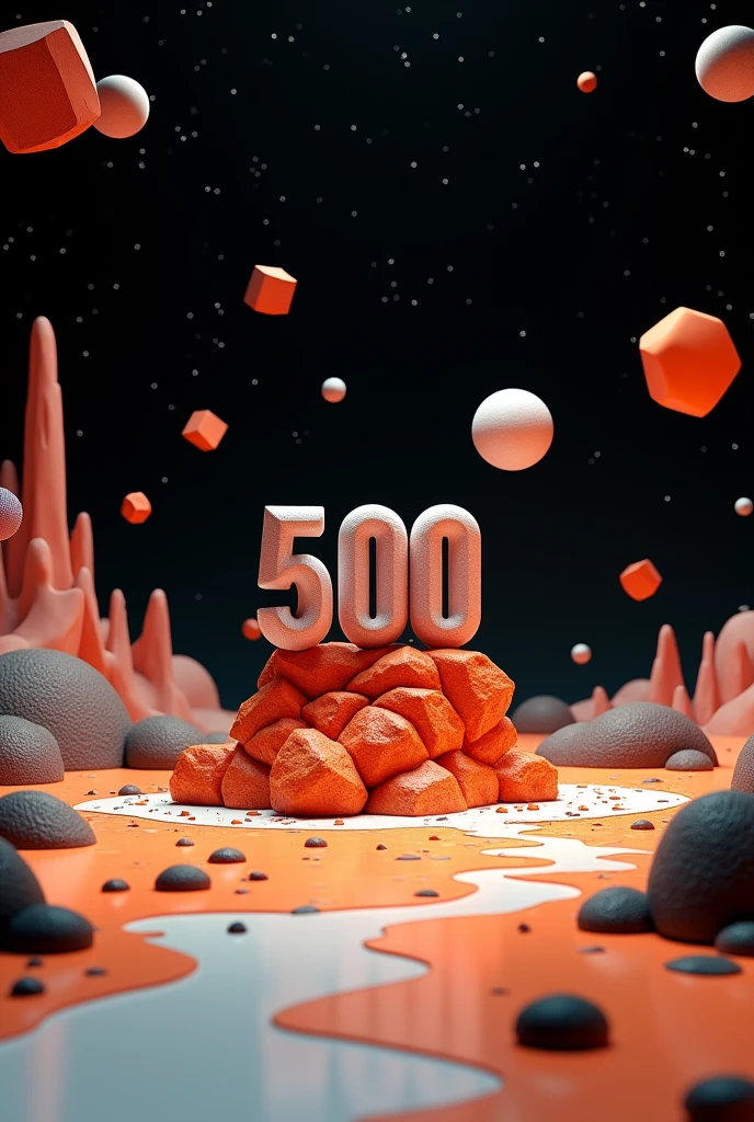 An otherworldly landscape filled with abstract geometrical hills and rocks scattered around. The texture of the ground is it's a gradient from orange to white and few black touches. Floating geometrical 3D shapes levitating above ground ground all over. The word "500" made of 3D alien mineral and is on the center of the scene emerging from the ground. It's night time and the sky is pitch black full of stars and planets very visible. Realistic, hyperrealism, high resolution, extreme details, extreme quality, volumetric lighting, sharp details, 4k hdr