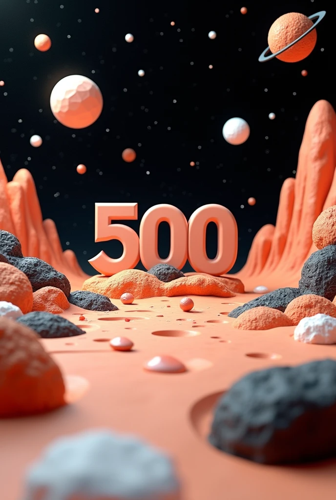 An otherworldly landscape filled with abstract geometrical hills and rocks scattered around. The texture of the ground is it's a gradient from orange to white and few black touches. Floating geometrical 3D shapes levitating above ground ground all over. The word "500" made of 3D alien mineral and is on the center of the scene emerging from the ground. It's night time and the sky is pitch black full of stars and planets very visible. Realistic, hyperrealism, high resolution, extreme details, extreme quality, volumetric lighting, sharp details, 4k hdr