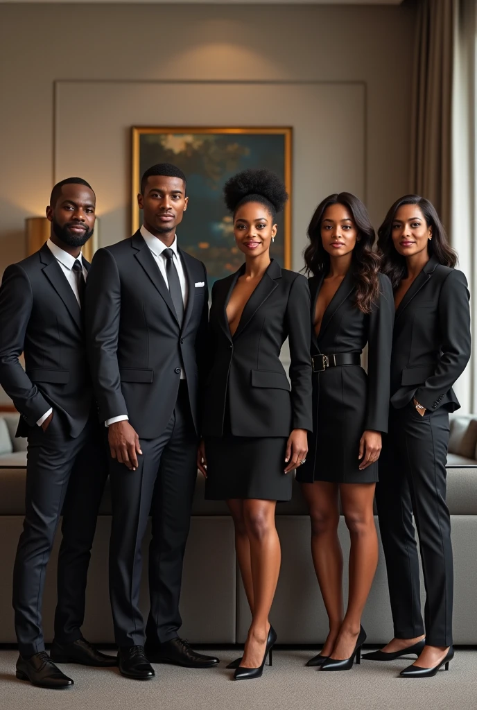 Generate an image of group of 3 black men and 3 black women dressed professional