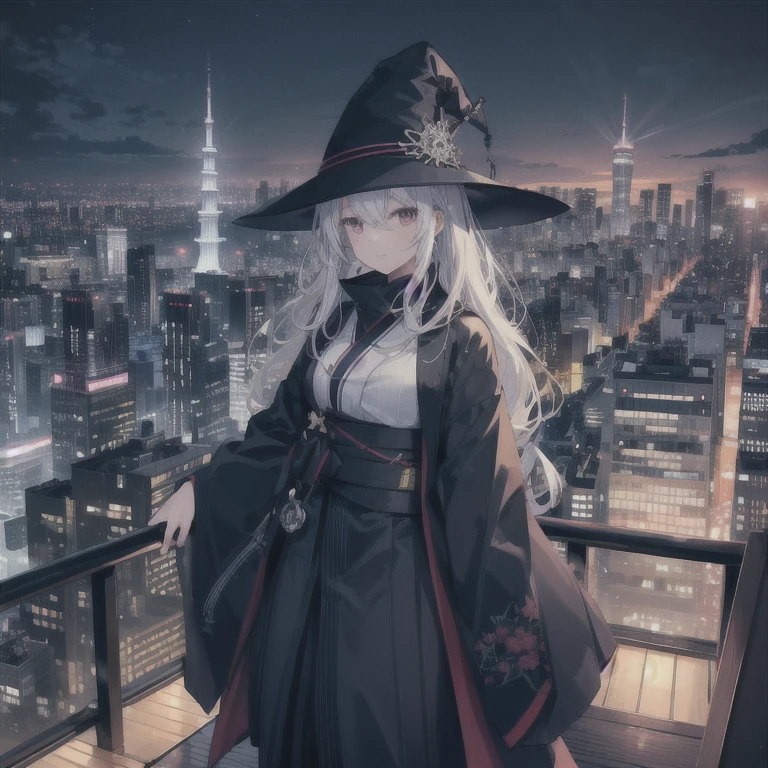 This is the rooftop of the tallest building in Tokyo..、From here you can look down on the city buildings..、It's night now、Woman wearing a large black witch's hat with sapphire accessories、Wearing a long black coat、she is wearing a blazer uniform、she is wearing a checked skirt、knee-length black stockings、Black running shoes with white laces、Dark blue short loose lob hair、small 、