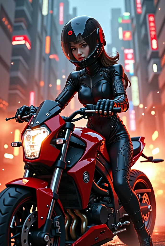 Highest image quality, outstanding details, ultra-high resolution, (realism: square size), the best illustration, favor details, highly condensed 1girl, with a delicate and beautiful face, dressed in a black and red mecha, wearing a mecha helmet, holding a directional controller, riding on a motorcycle, the background is a high-tech lighting scene of the future city with fire