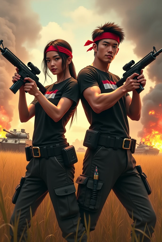 photorealism:1.2), Beautiful female warrior and handsome male warrior, facing the camera, in a rice field area, wearing a black t-shirt, black pants and wearing a red white headband, holding a machine gun and some bullets , on the left chest of the man and woman there is a red white Indonesia flag , soft lighting, there are explosions and flames in the background, some fighters and a Tank, fighting poses, realistic, intricate details, warm colors, by Greg Rutkowski, by Alphonse Mucha