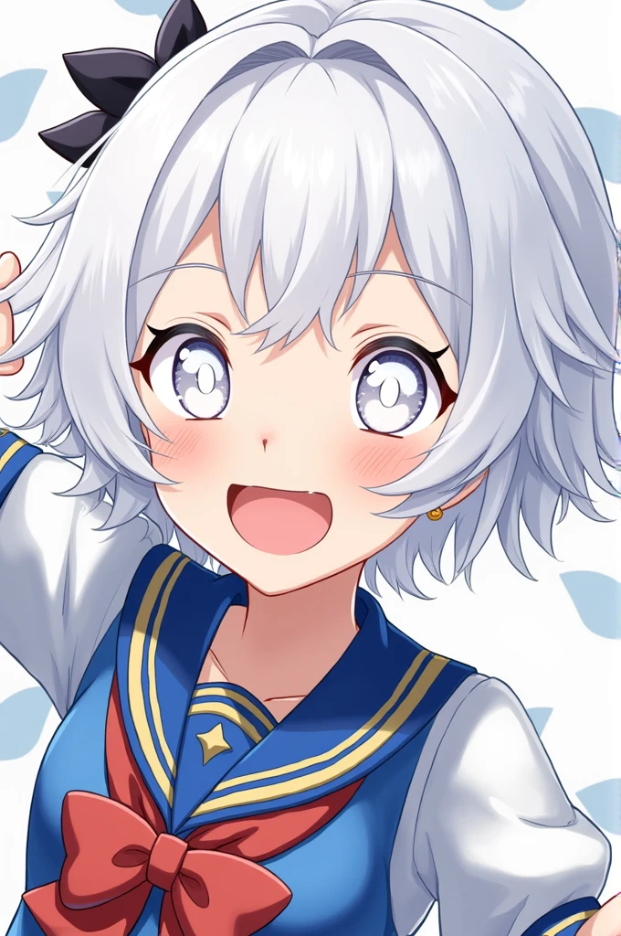 Wallpaper:anime style genshi impact has white hair and long white eyes and is happy with a school uniform