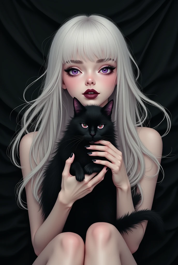 sexy woman lying in black background, with a black cat in his hands, With whites, long hair, with bangs and chubby cheeks, with light purple eyes, without spark and pupils, With whites ресницами, lifeless look, invisible nose, maroon lips, in the style of drawing