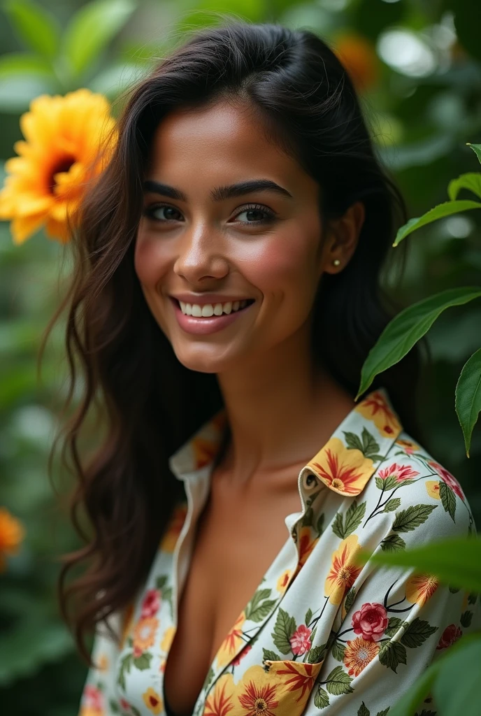 A Brazilian woman in a lush tropical garden, wearing an open shirt with a floral print, with a close-up capturing the harmonious beauty between her breasts and the natural flowers, showing off your natural charm and outgoing personality.