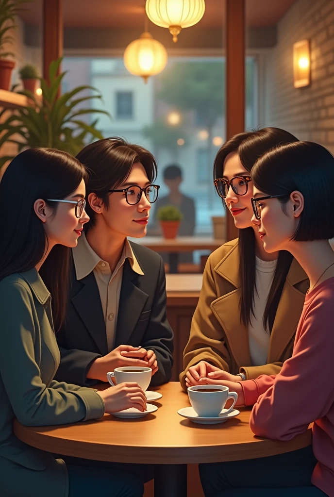 Imagine, a table with four young intellectuals and psychoanalysts, being two women, one with long black hair, white and glasses, the other one with black hair in a short Bob cut, round leopard print glasses, in a beautiful coffee shop, drinking their respective coffees, each one with their own cup, calmly, like someone talking about pleasantries.