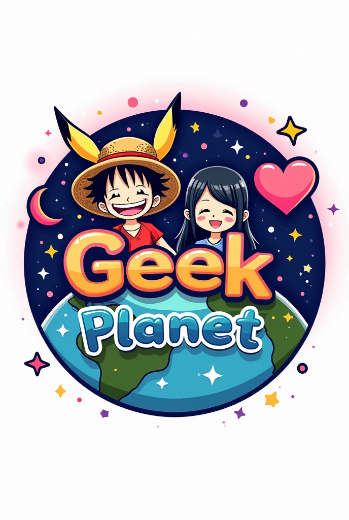 Un logo con un 🌎 en el fondo, with stars, heart and a crescent moon (pink and purple colors), In the front there are some anime figures of a boy with black curly hair and a girl with long black hair wearing shirts and Pikachu ears or a straw hat. (Luffy de one piece), the name of Geek Planet in the middle of the logo (Vivid colors throughout the image) and the white background