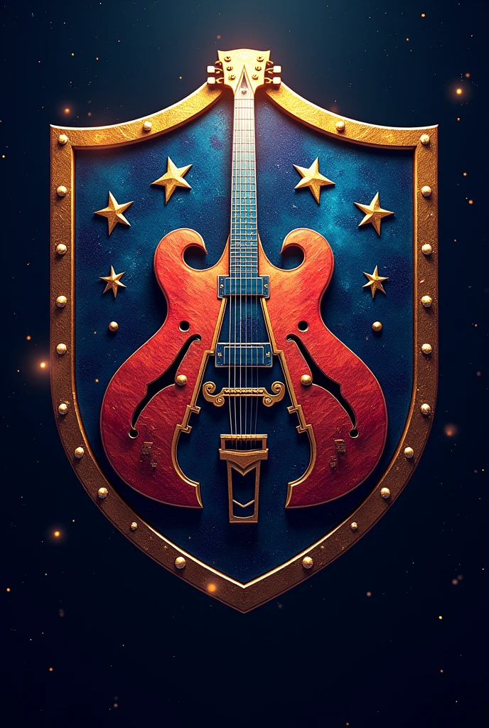 Team shield with the colors of guitars and stars