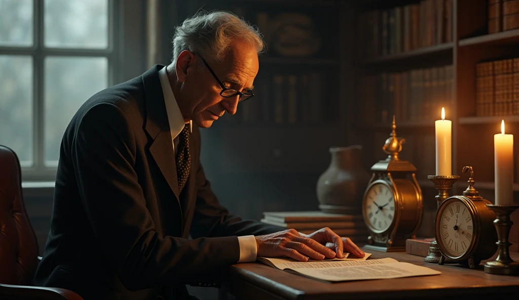 An elderly man with a serene and contemplative expression, thin. He has short, dark hair, slightly balding in the front, slightly graying, no beard, and wears a classic 1930s suit, with small, square, low-prescription glasses, and a discreet tie. Cayce is standing next to a vintage-looking chair, in an environment reminiscent of an old office with 3 candles on the table, with books and papers in the background. The soft, diffuse lighting highlights his face, transmitting an aura of wisdom and introspection. In one hand, he holds an object of prophecy, symbolizing his knowledge and psychic abilities. The scene has a nostalgic and mysterious tone, reflecting the enigmatic nature of his predictions and readings. talking to 1 person near him, in addition to having a clock in the classic part