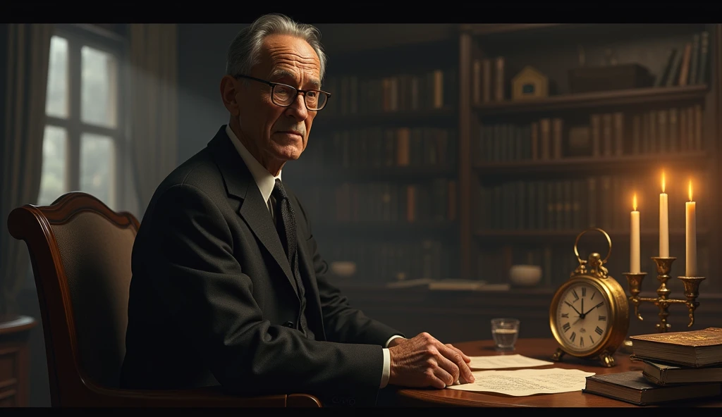 An elderly man with a serene and contemplative expression, thin. He has short, dark hair, slightly balding in the front, slightly graying, no beard, and wears a classic 1930s suit, with small, square, low-prescription glasses, and a discreet tie. Cayce is standing next to a vintage-looking chair, in an environment reminiscent of an old office with 3 candles on the table, with books and papers in the background. The soft, diffuse lighting highlights his face, transmitting an aura of wisdom and introspection. In one hand, he holds an object of prophecy, symbolizing his knowledge and psychic abilities. The scene has a nostalgic and mysterious tone, reflecting the enigmatic nature of his predictions and readings. talking to 1 person near him, in addition to having a clock in the classic part