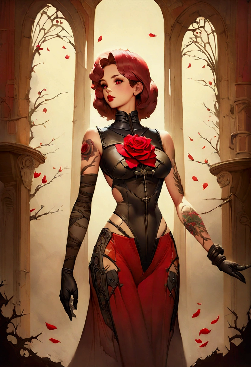 Vintage rose in old school style with shadows, caule, spines, red and large petals. Large size vertically. Result must be created individually and also an example of the result of the image tattooed on an arm on its inner side.