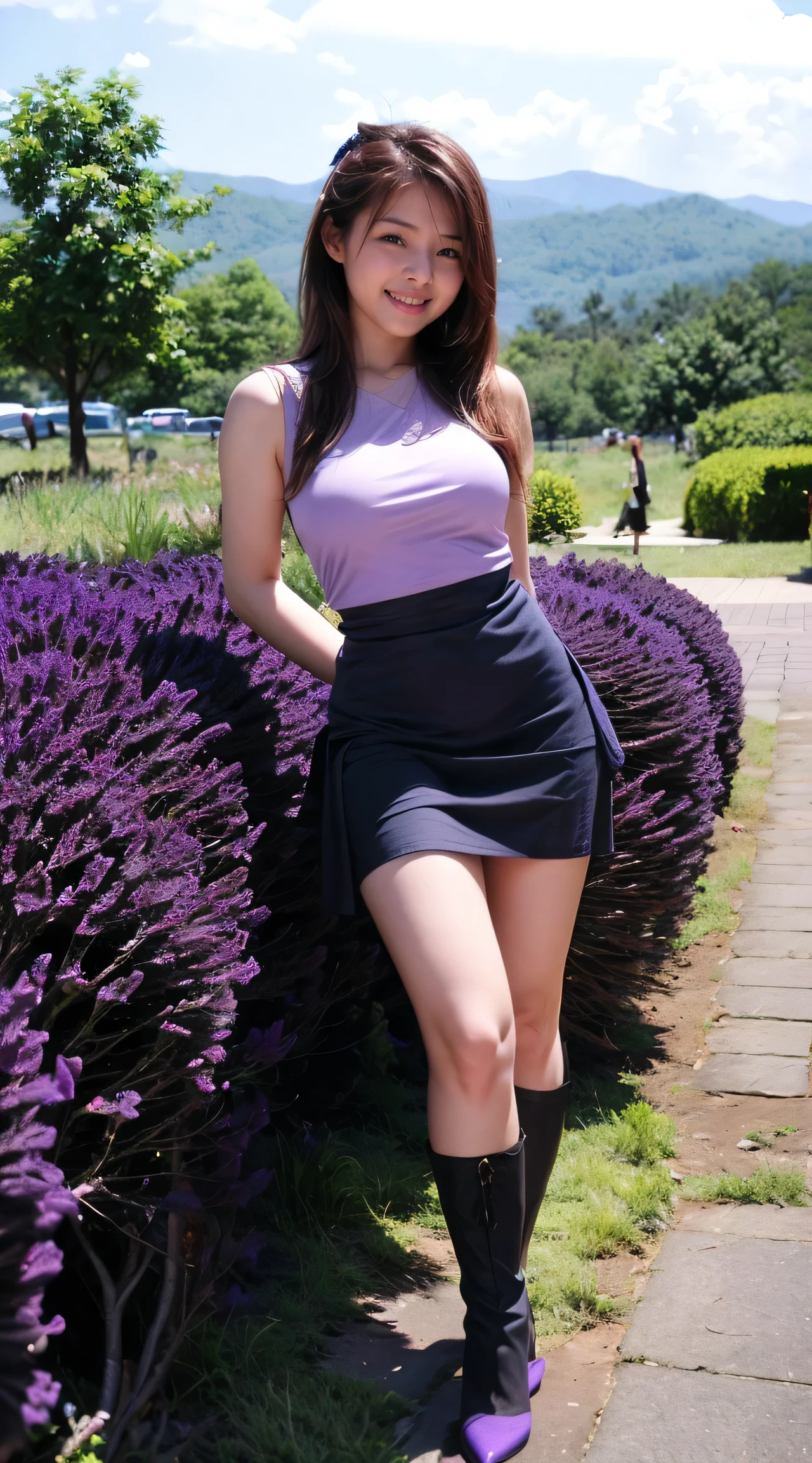 Highest quality, Masterpiece, Photorealistic, High resolution, 8K RAW Photos,alone, 1 person,Slim figure、smile、 ((((Sleeveless purple miniskirt dress))))、In the mountains、High heels