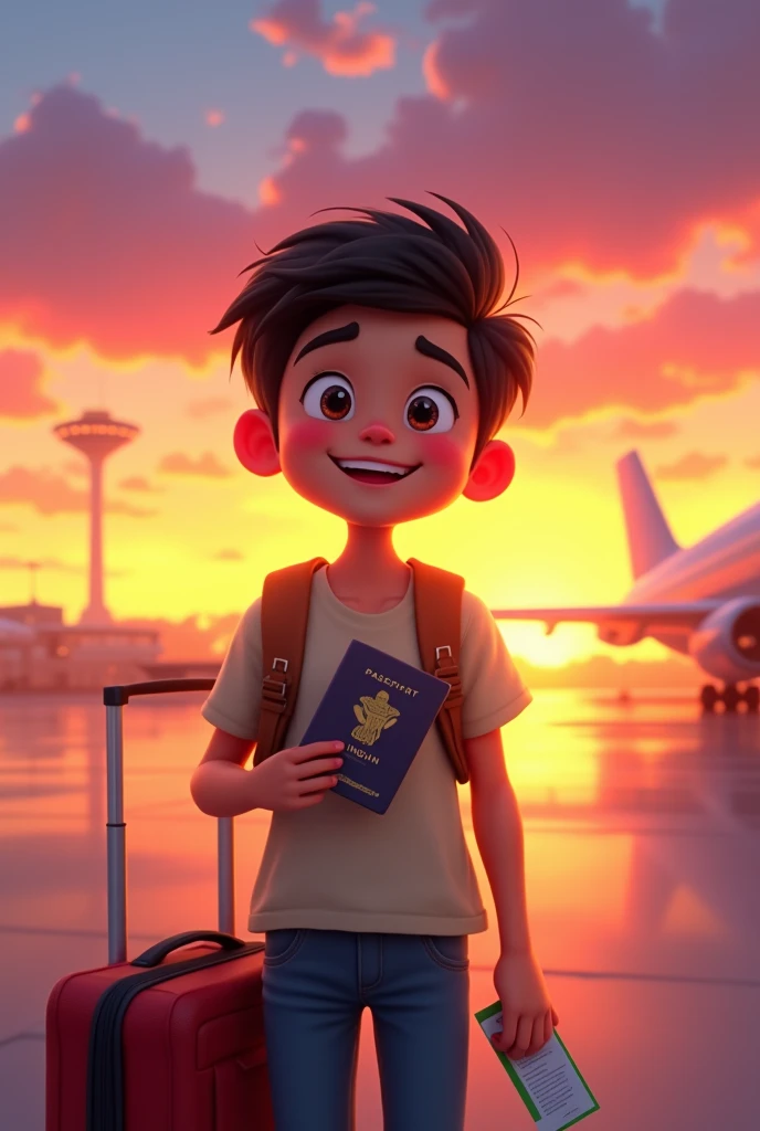 animated boy is standing with bright smile on face in sunset outside of airport with luggage bag and have indian passport and boarding pass in his hand. Airport is behind him . Show pov in front of boy. Camera is there