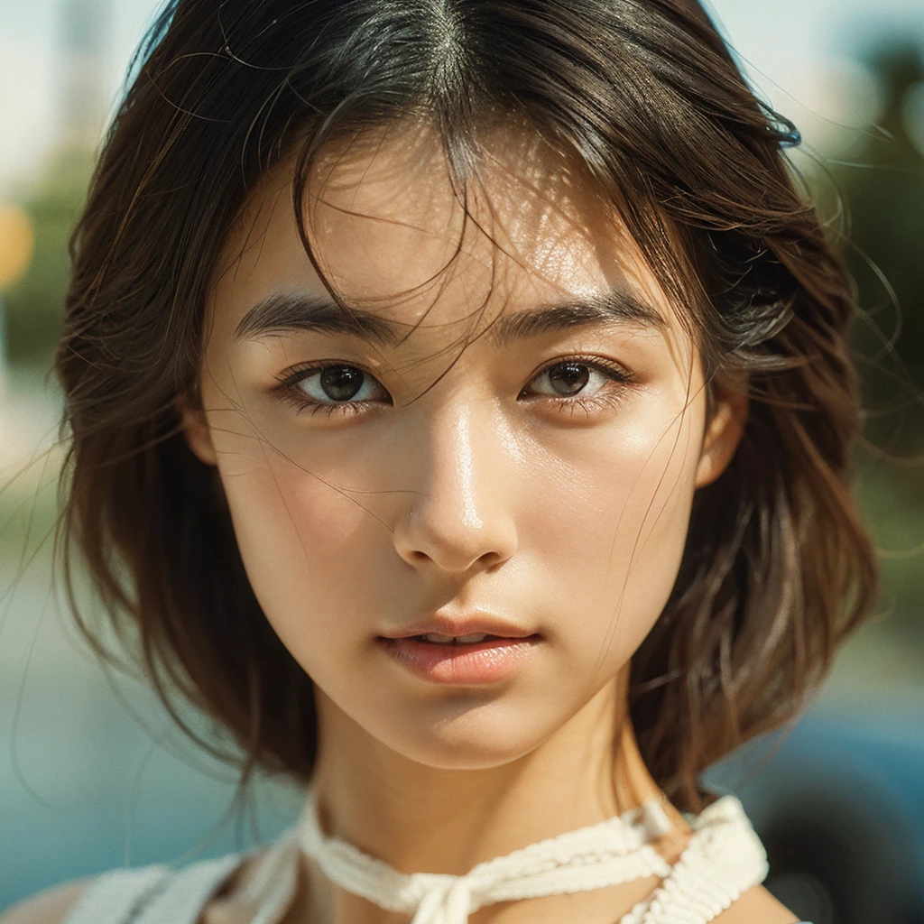 A hyper-realistic image of a single Japanese woman in her early 20s, captured with the rich, nostalgic warmth and pronounced graininess of a film camera. Her skin has a warm beige tone with a natural, slightly rough texture that includes visible pores, fine lines, and subtle imperfections such as small blemishes, enhancing the authenticity of her appearance. The skin texture is deliberately less smooth, with a slight coarseness that mimics the natural variations in real skin, especially when captured on film. The soft, diffused natural light is complemented by the distinctive film grain, creating gentle shadows that lend the image a timeless, organic feel. Her straight, glossy black hair frames her face naturally, and her deep brown eyes reflect the ambient light with a softness characteristic of classic film photography. The film camera effect is further accentuated with a stronger grain and a slight vignette, adding to the overall nostalgic atmosphere while maintaining the realistic texture of her skin. The colors are subtly muted, with warm tones that evoke the aesthetic of vintage film. She is dressed simply, in a way that complements her natural beauty, with the composition designed to evoke a sense of genuine, understated elegance. The enhanced film-like qualities, combined with the natural light and the deliberately coarser texture of her skin, ensure that this image captures the imperfections that make her beauty truly lifelike, focusing solely on this one individual.