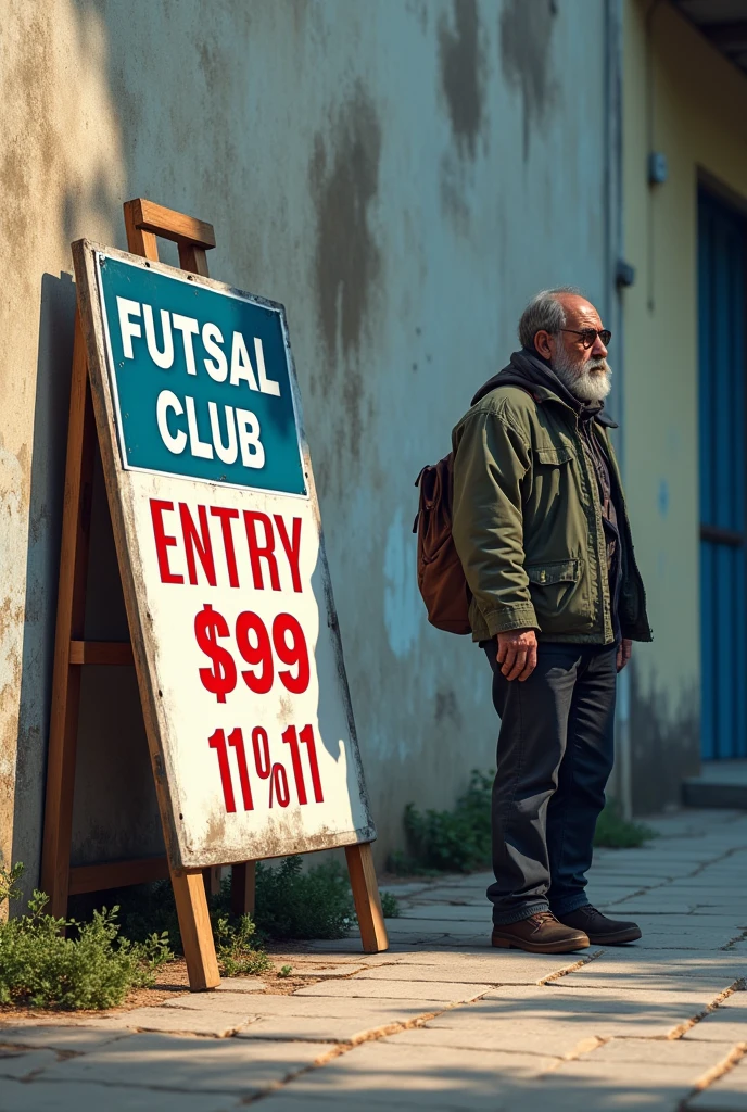 A futsal club where there is a sign saying that you have to pay 500 reais to register for this assessment and next to a poor person