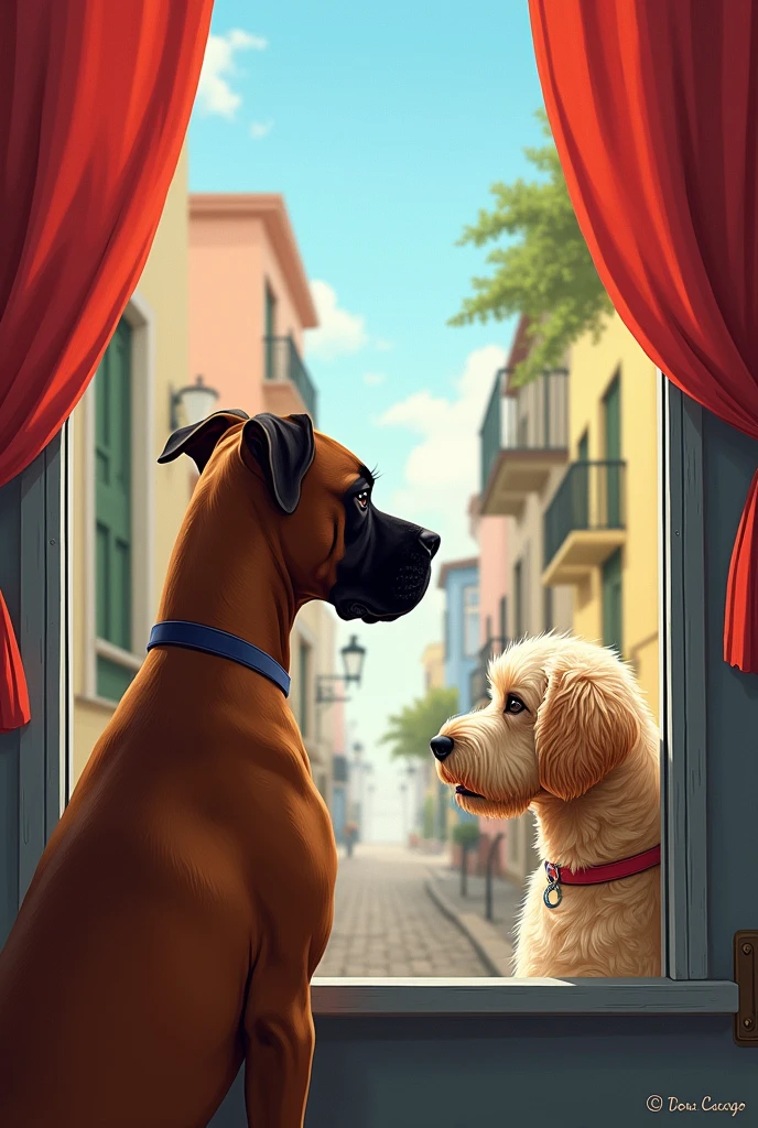 The cover of a book called Las Divinas de Asunción and on the cover there is a boxer dog watching from the window in the distance two homosexual dogs, one will be a Labrador and the other a poodle