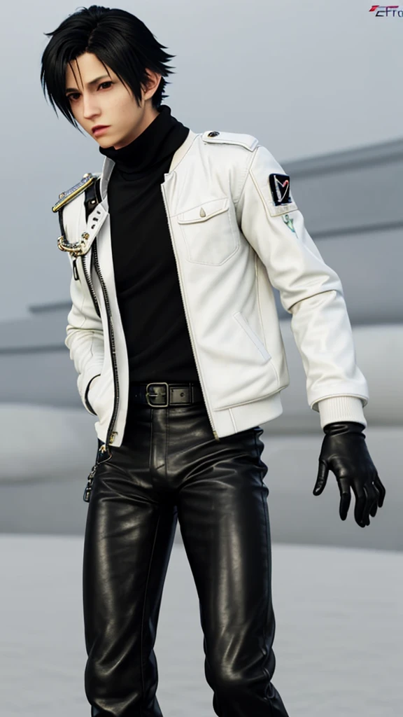 ((Final fantasy taste and reality graphics)), ((Japanese young cute and cool ikemen boy)), his age is early 20s, thin eyebrows and beady eyes,  (((he wearing off white color leather thick single-brest jacket,with epaulet))), (((leather jacket close all zippers))), , ((jacket collar is high length stand-up collar with belts)), jacket is a little black line pattern, (((also wearing black thick turtleneck polyester shirts))),  ((tight black leather pants)), ((put on black leather tight and thin glove,covered full fingers))), black leather knee-high raceup boots,must views  head-to-toe,must views whole body, boy looks like fashion model,Do not show skin from the neck down,boy is black hair,