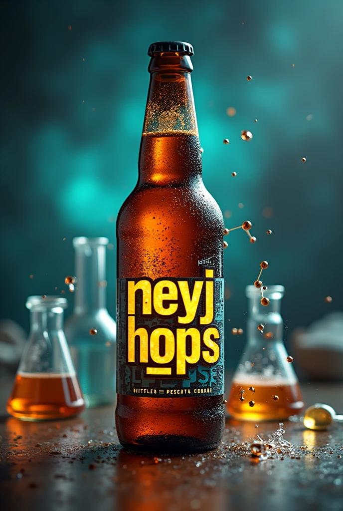 I need a logo for a beer bottle that contains the phrase neyjhops, The logo is inspired by positimas and chemistry