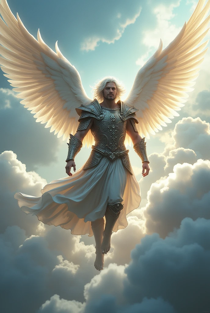 warrior angel strong man with white hair and wings, among clouds flying in the sky, with clothes from the middle ages