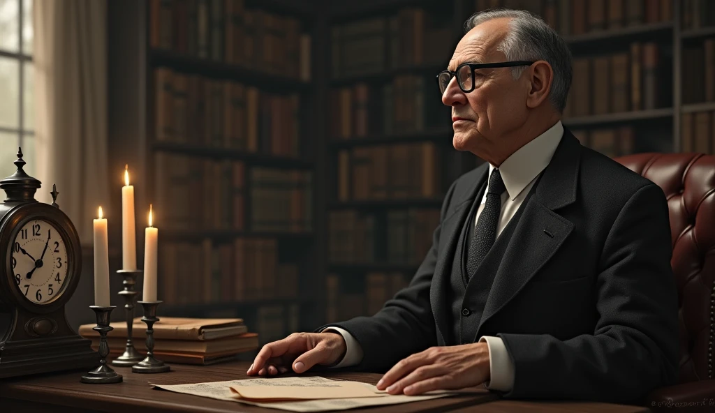 An elderly man with a serene and contemplative expression, thin. He has short, dark hair, slightly balding in the front, slightly graying, no beard, and wears a classic 1930s suit, with small, square, low-prescription glasses, and a discreet tie. Cayce is standing next to a vintage-looking chair, in an environment reminiscent of an old office with 3 candles on the table, with books and papers in the background. The soft, diffuse lighting highlights his face, transmitting an aura of wisdom and introspection. In one hand, he holds an object of prophecy, symbolizing his knowledge and psychic abilities. The scene has a nostalgic and mysterious tone, reflecting the enigmatic nature of his predictions and readings. talking to 1 person near him, in addition to having a clock in the classic part