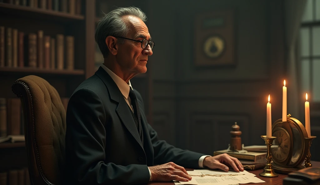 An elderly man with a serene and contemplative expression, thin. He has short, dark hair, slightly balding in the front, slightly graying, no beard, and wears a classic 1930s suit, with small, square, low-prescription glasses, and a discreet tie. Cayce is standing next to a vintage-looking chair, in an environment reminiscent of an old office with 3 candles on the table, with books and papers in the background. The soft, diffuse lighting highlights his face, transmitting an aura of wisdom and introspection. In one hand, he holds an object of prophecy, symbolizing his knowledge and psychic abilities. The scene has a nostalgic and mysterious tone, reflecting the enigmatic nature of his predictions and readings. talking to 1 person near him, in addition to having a clock in the classic part