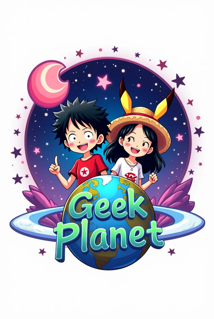 Un logo con un 🌎 en el fondo, with stars, heart and a crescent moon (pink and purple colors), In the front there are some anime figures of a boy with black curly hair and a girl with long black hair wearing shirts and Pikachu ears or a straw hat. (Luffy de one piece), the name of Geek Planet in the middle of the logo (Vivid colors throughout the image) and the white background